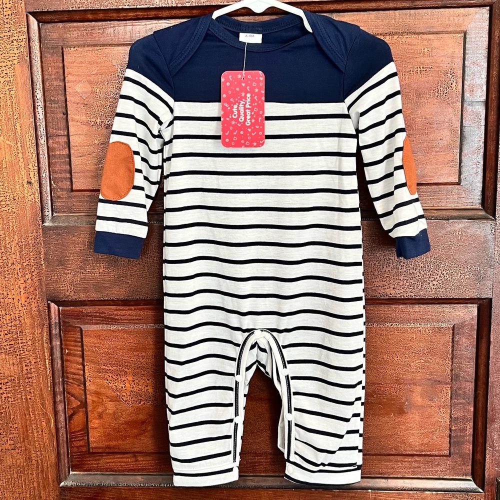 PatPat | Navy Blue and White Jumper with Vintage Brown Elbow Pads NWT